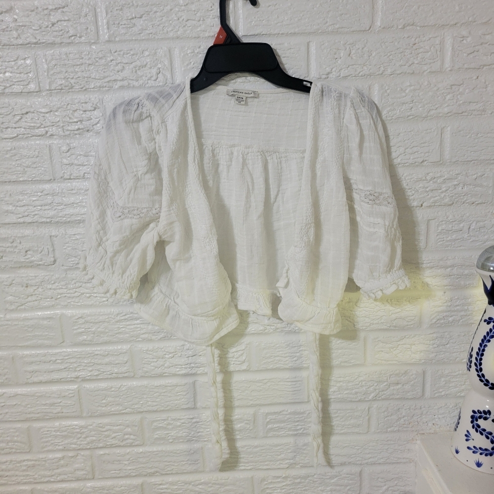 American Eagle Outfitters Cream Puff Sleeve Blouse with Tie Front